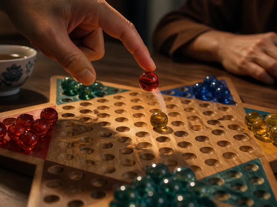 Chinese Checkers AI controls for strength, hints, undo, and replay