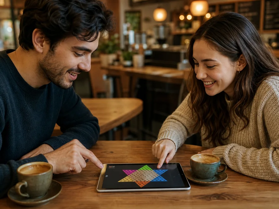 Two people playing Chinese Checkers together on one tablet