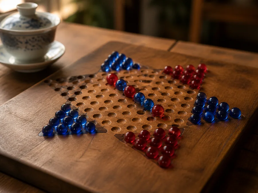 A Chinese Checkers hop chain leaping over marbles onto empty holes